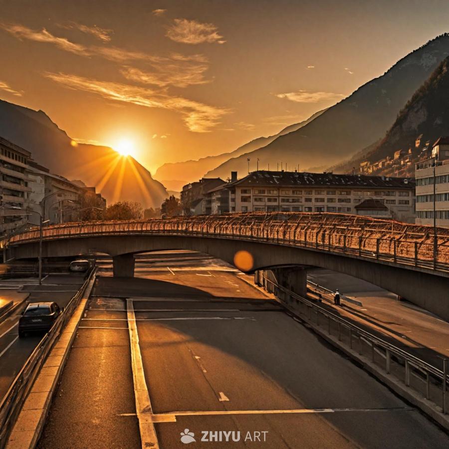 瑞士库尔的日落景色，太阳正在一座桥后落下。画面中有
