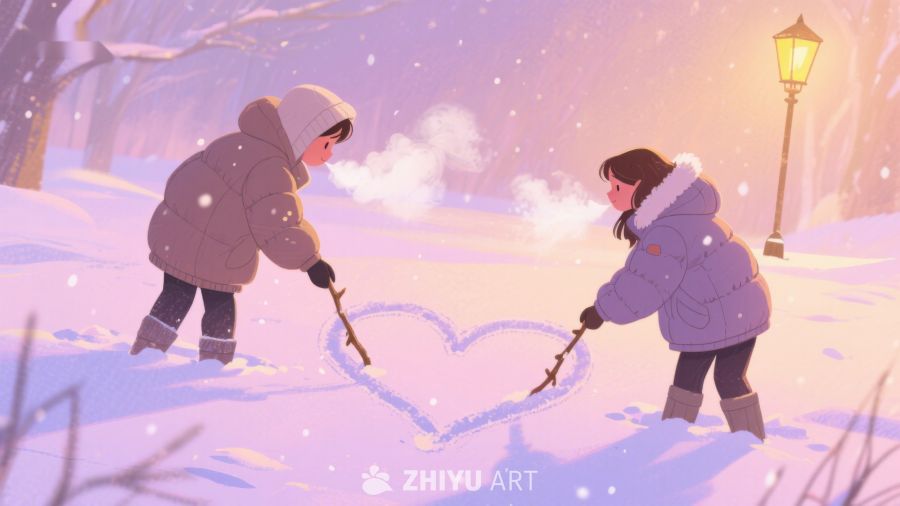 冬日雪地，两人共绘心形图案 147