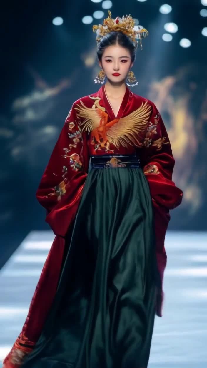 凤凰刺绣红衣女子T台秀
