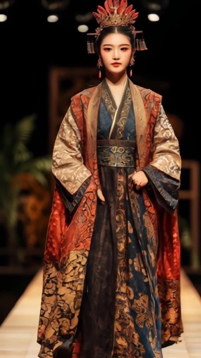 红色头饰印花外套女性舞台秀