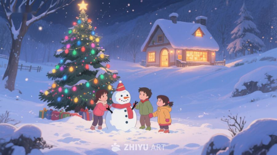 冬夜雪地里的圣诞树与孩子们 110
