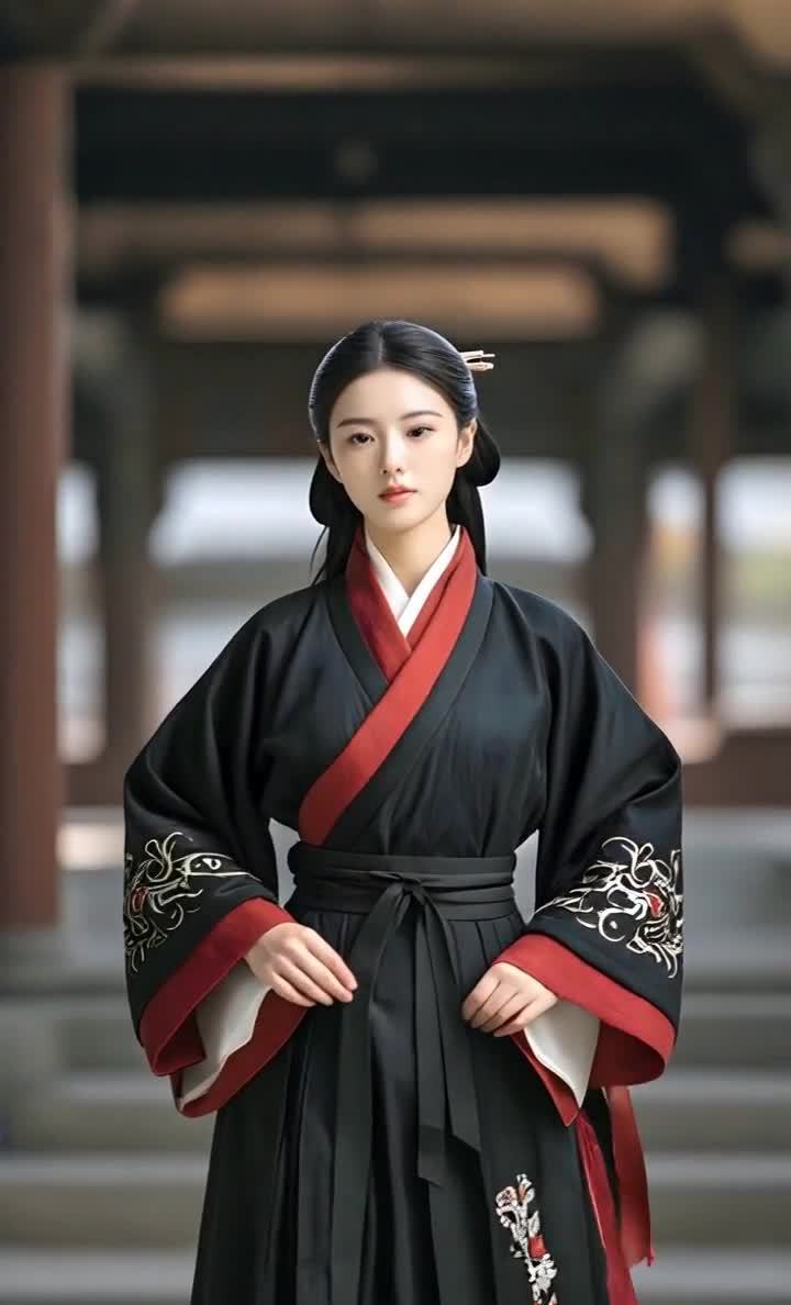 红边黑衣女子立于古风走廊