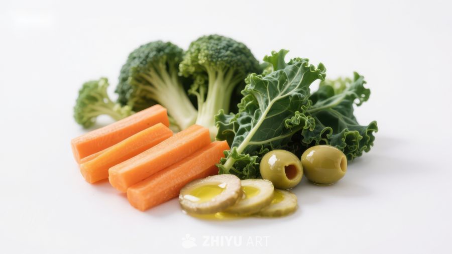 新鲜蔬菜组合：西兰花、胡萝卜、羽衣甘蓝和橄榄