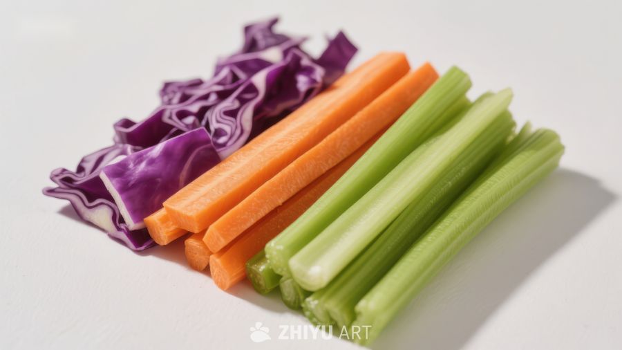新鲜蔬菜切条：紫甘蓝、胡萝卜和芹菜