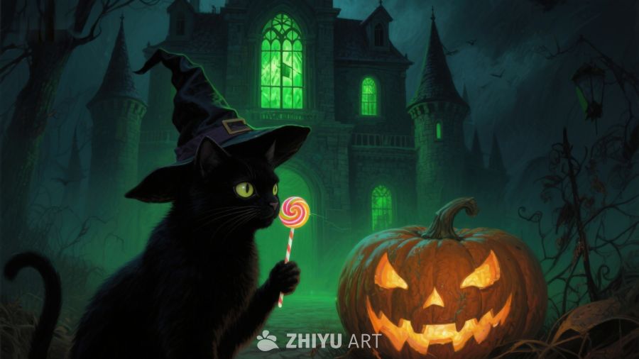 黑猫巫师帽前南瓜灯与糖果
