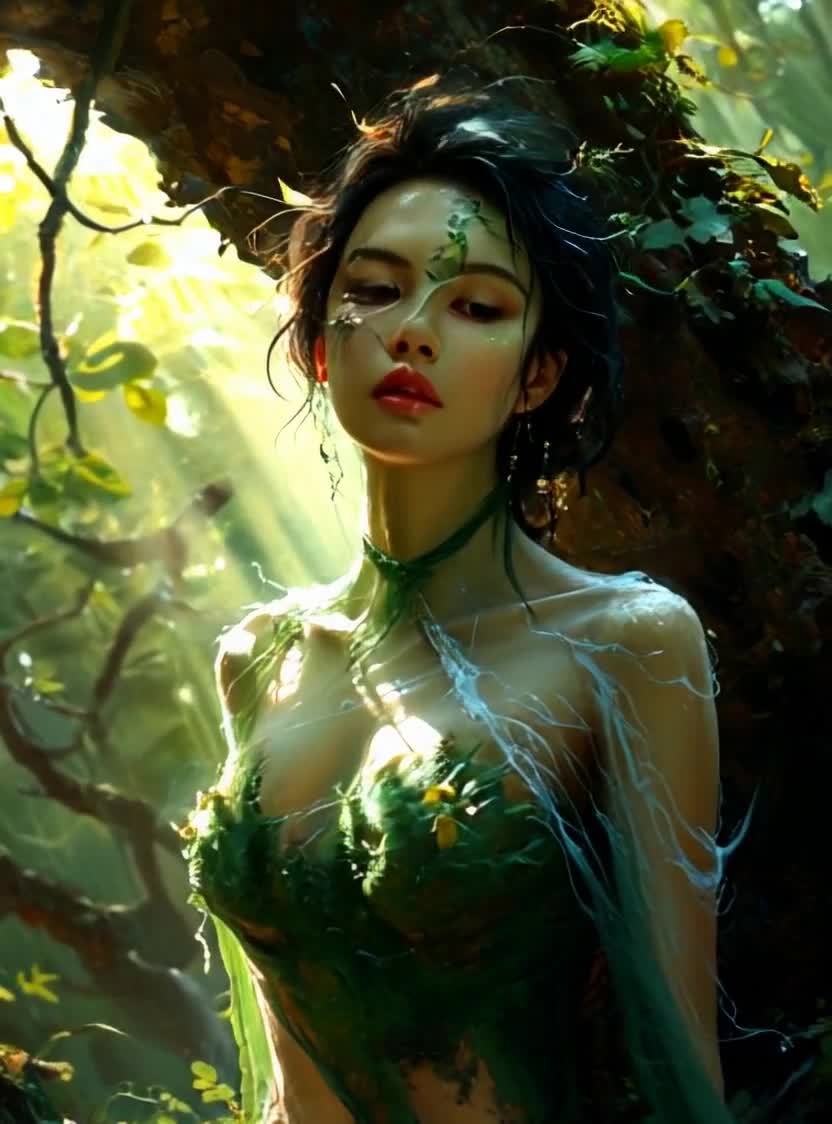 森林女神，棕发裸身，绿植装点，仰望阳光。