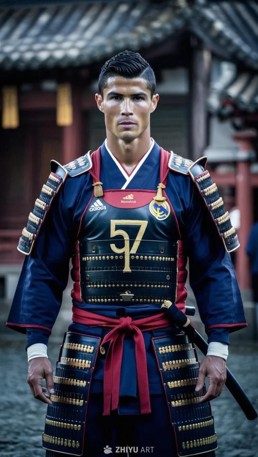一名男子身穿武士服，衣服为海军蓝和红色，中间印有金