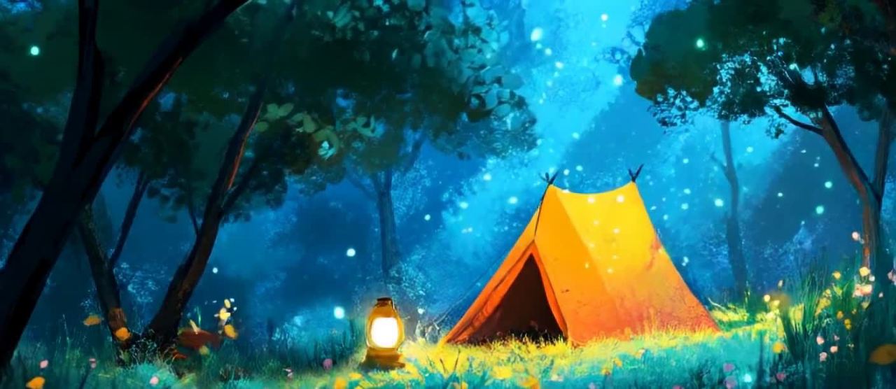 夜晚森林中的露营：帐篷、灯光与星空