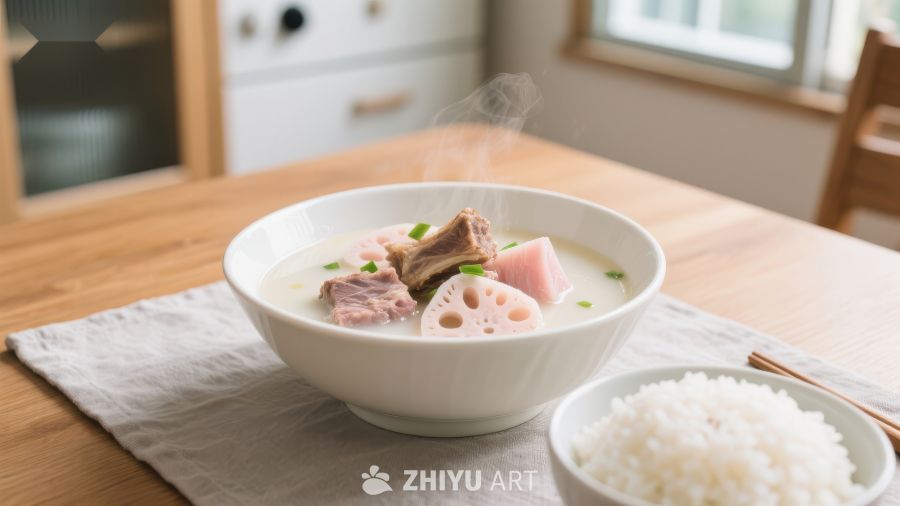 莲藕排骨汤与白米饭的温馨餐桌