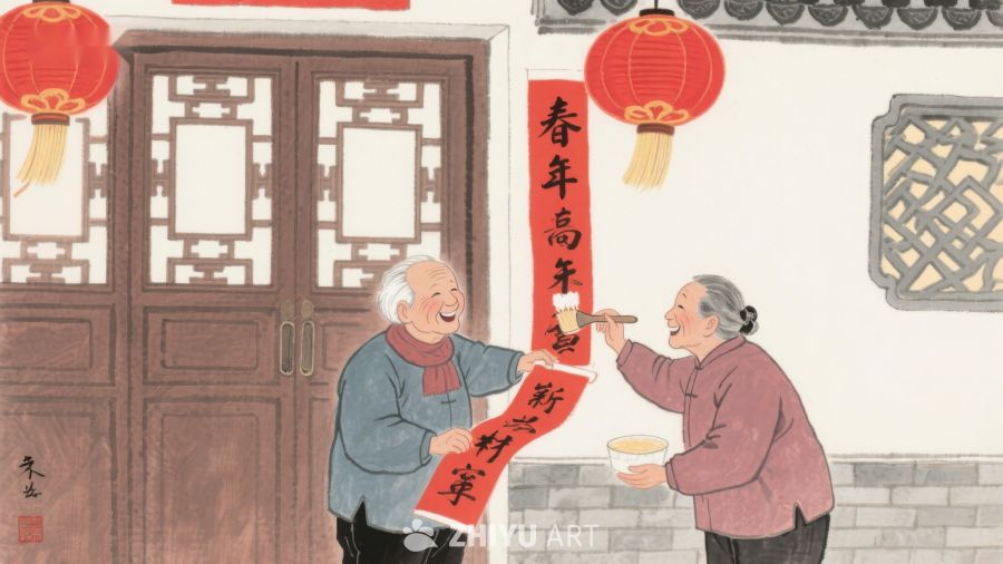 老人贴春联，喜迎新春 629