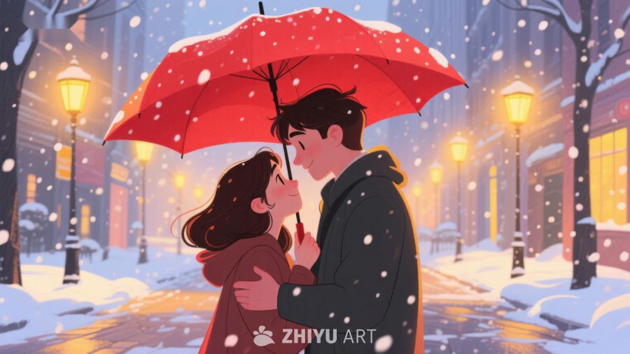 雪夜伞下情侣温馨相拥 544