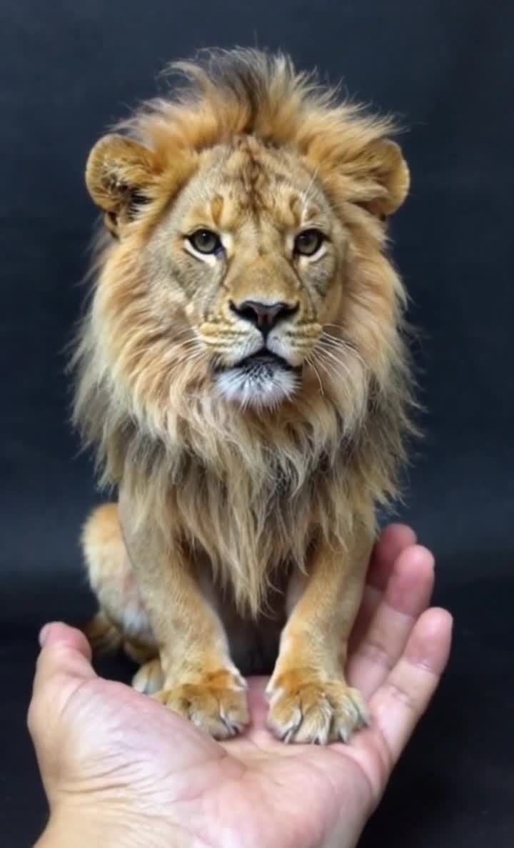 一只雄狮的缩小版端坐于一只手掌之中，其毛发为棕黄色