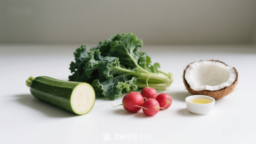 新鲜蔬菜与椰子食材展示