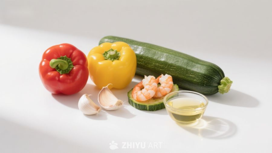 新鲜蔬菜与虾仁食材展示