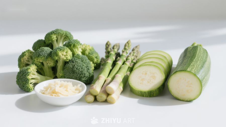 新鲜绿色蔬菜与蒜蓉的组合