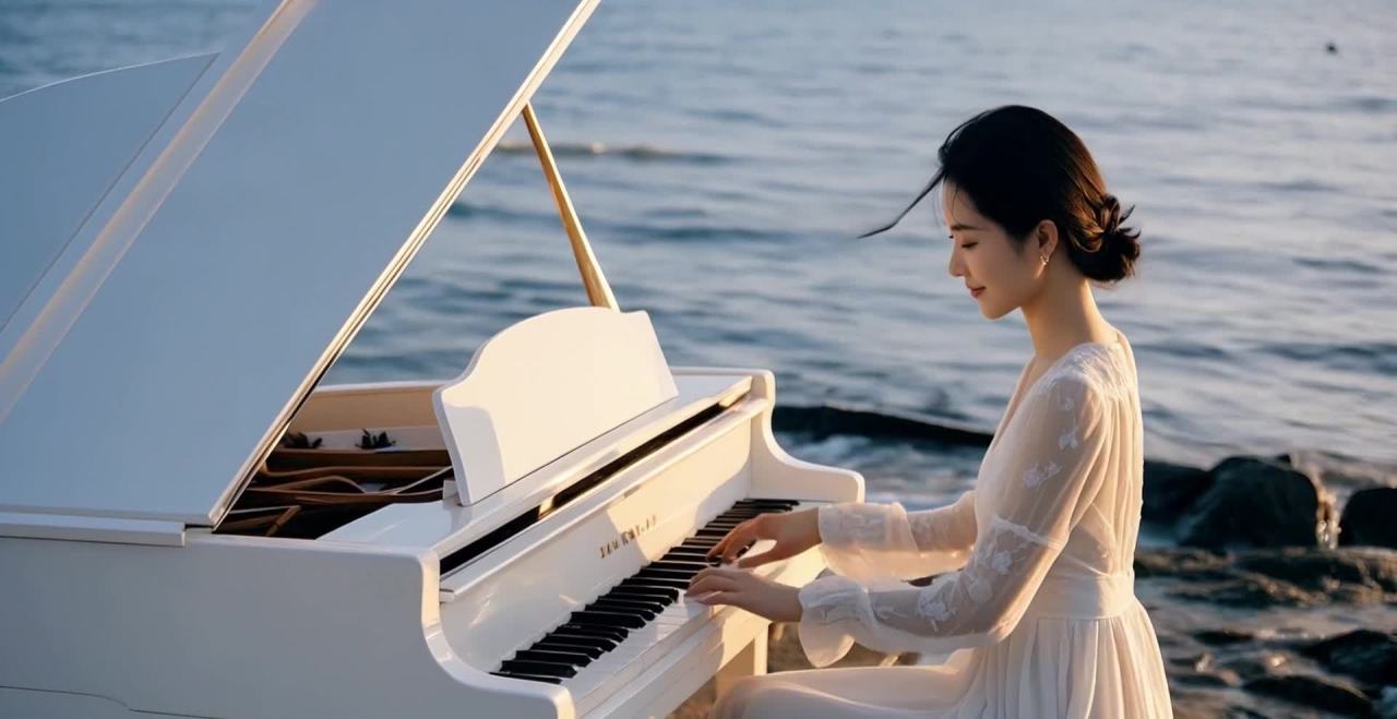 海边白裙女子弹奏白色钢琴