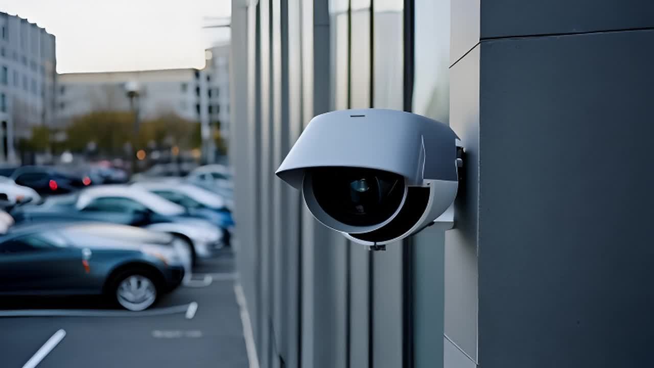 公司建筑外墙角落安装了一个监控摄像头，摄像头对准附
