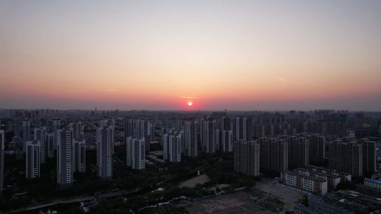  山东青州城市风光日落晚霞航拍