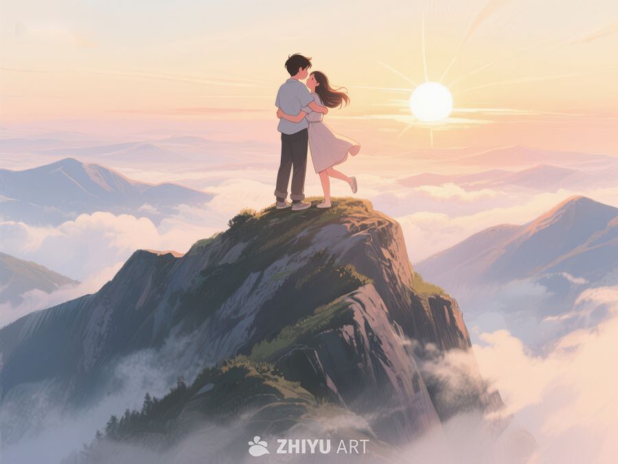 山顶情侣拥抱，云海日出美景 625