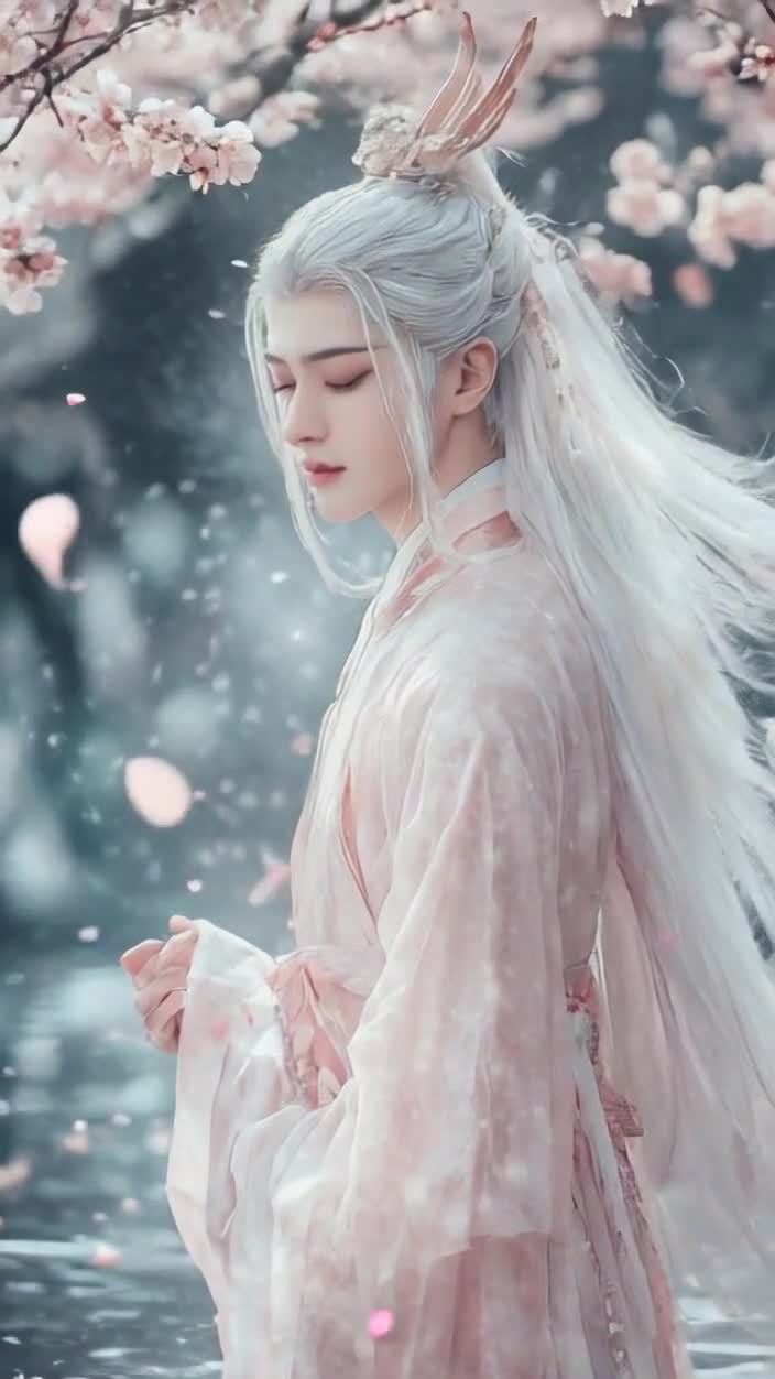 花瓣飘落中粉衣白发美男子