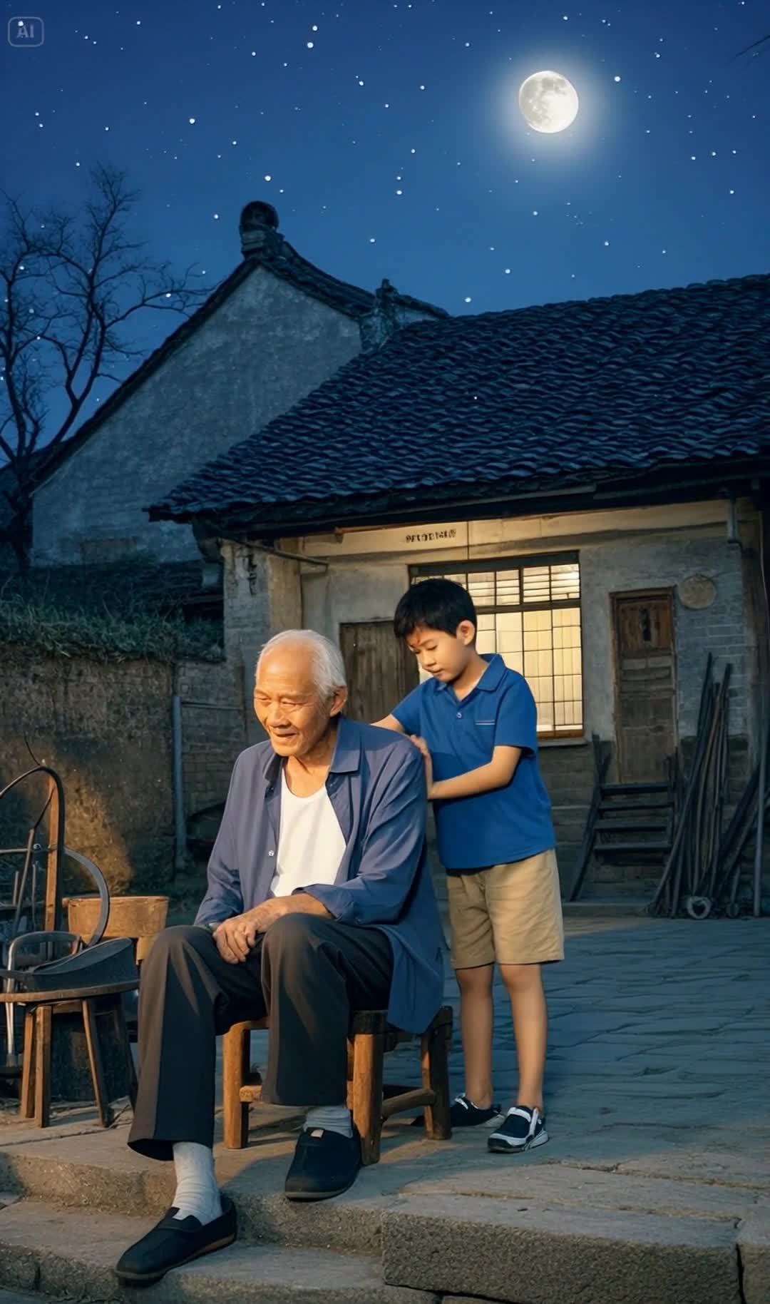 月夜下，孙子为老人按摩的温馨场景
