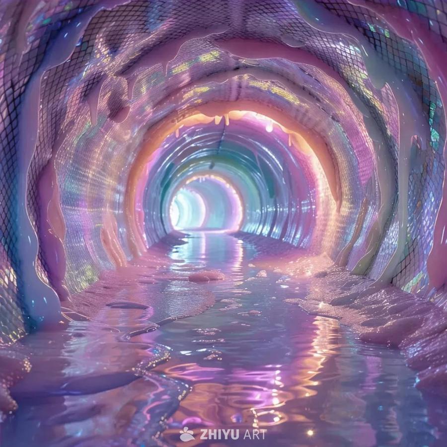 第一人称视角，穿过一个由大型、黏糊糊、半透明蛇皮（