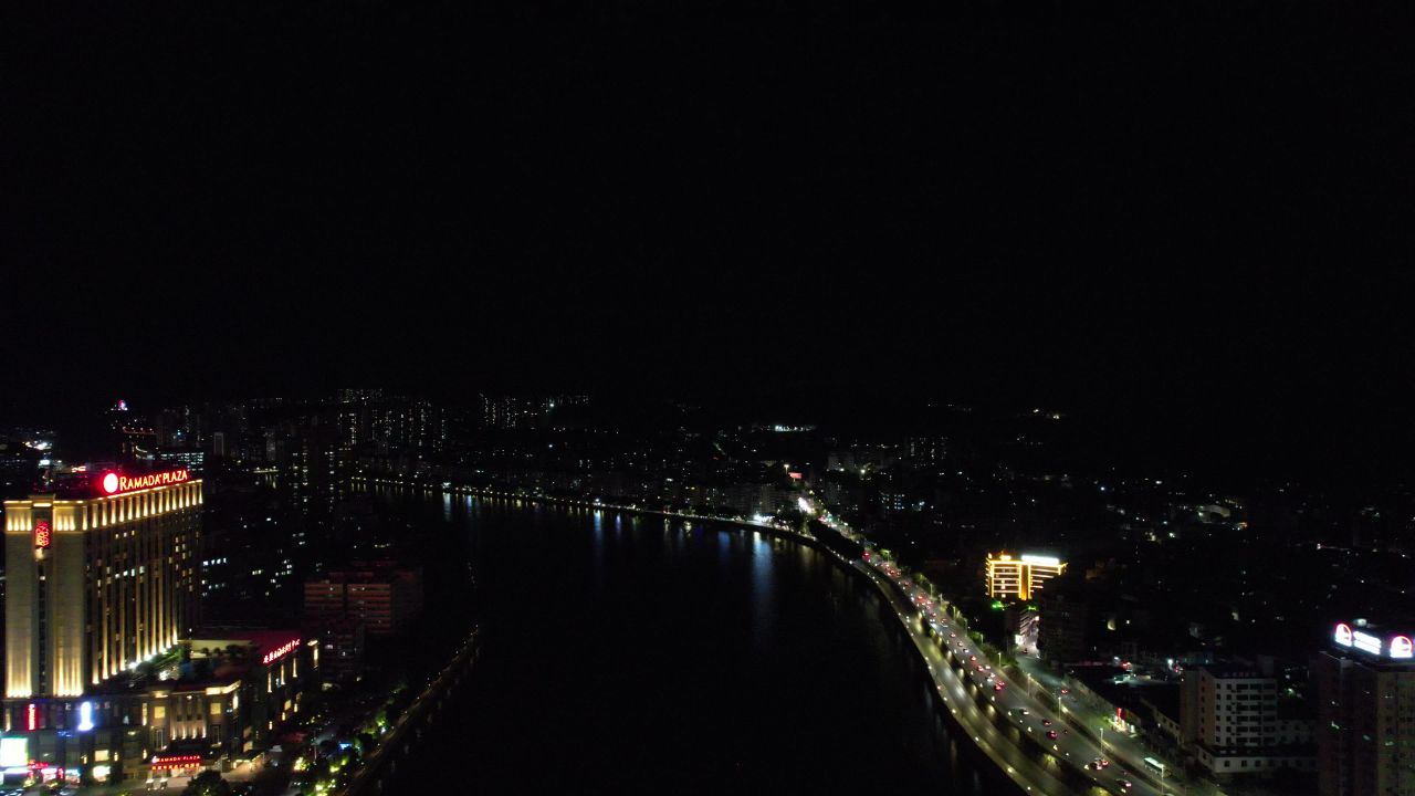 广东韶关城市夜景灯光交通航拍