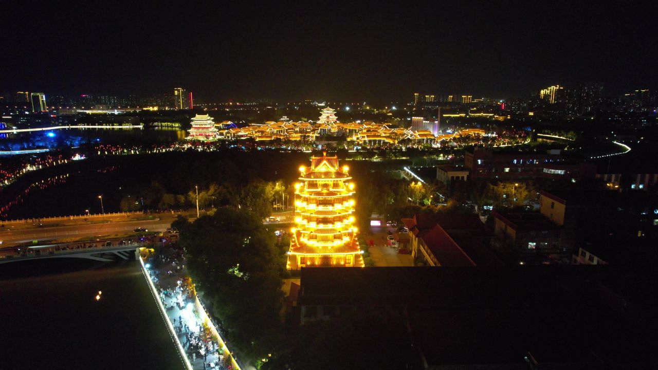河北沧州清风楼夜景灯光航拍
