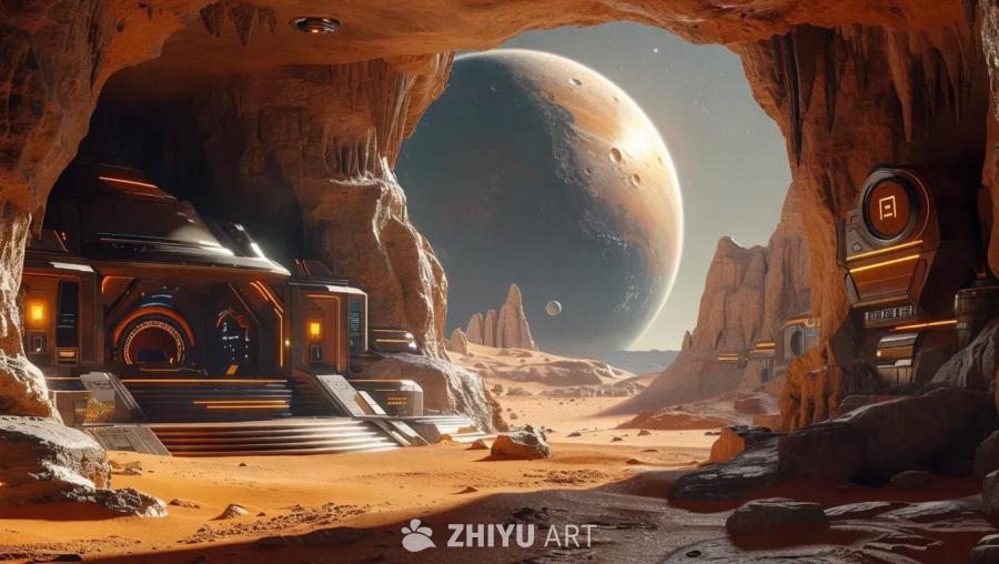 洞穴内部，建筑坐落于红色的星球表面，远景可见巨大的