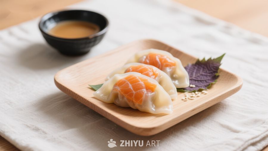 精致日式料理：三文鱼饺子配蘸酱