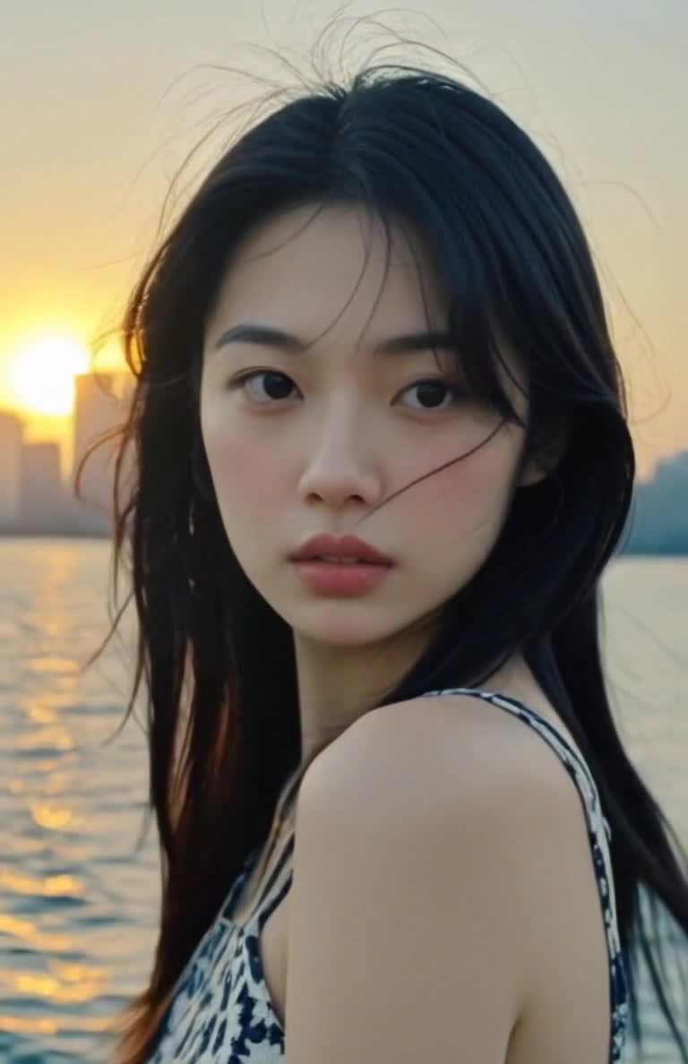 一位年轻女性的半身像，黑发随风飘动，脸庞转向镜头。