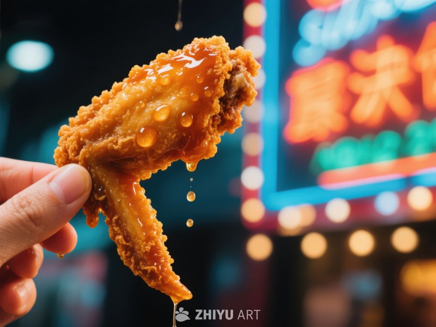 手握酱汁滴落的炸鸡翅