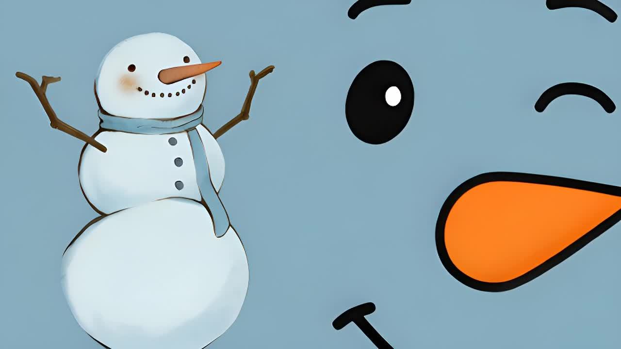 一个胡萝卜鼻子和蓝色围巾的雪人坐在明亮的蓝色背景上