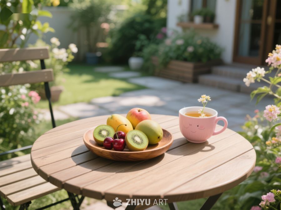 庭院小桌上的水果与茶杯 607