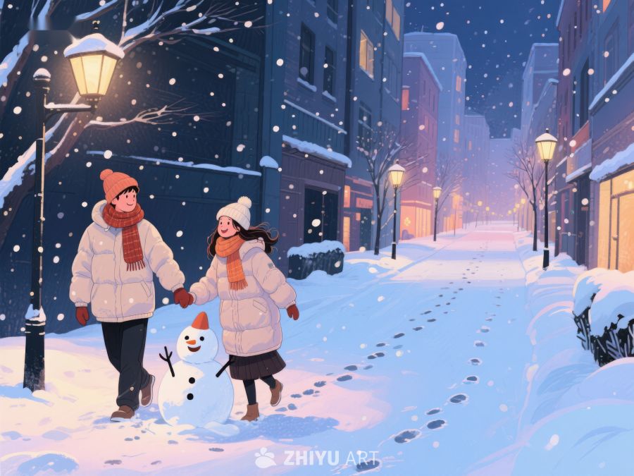 冬夜雪景中两人携手堆雪人 175