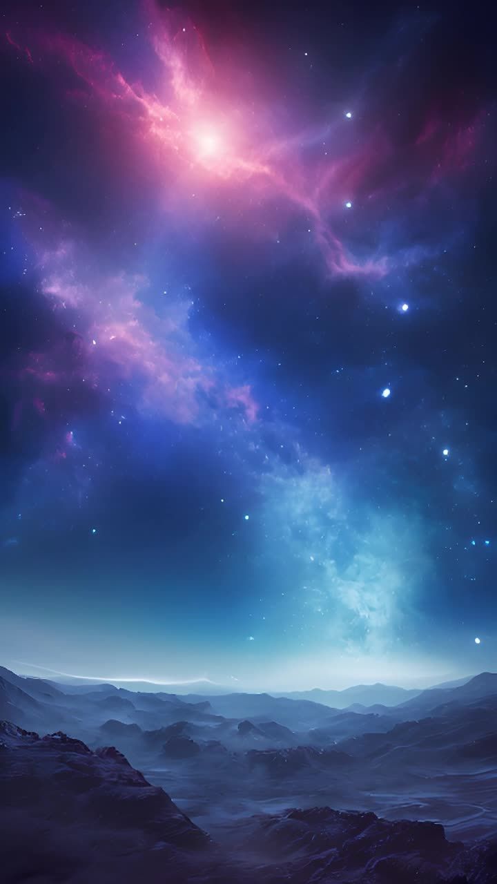 紫色和蓝色星云在天空中展开，其中一处星云中心呈粉红