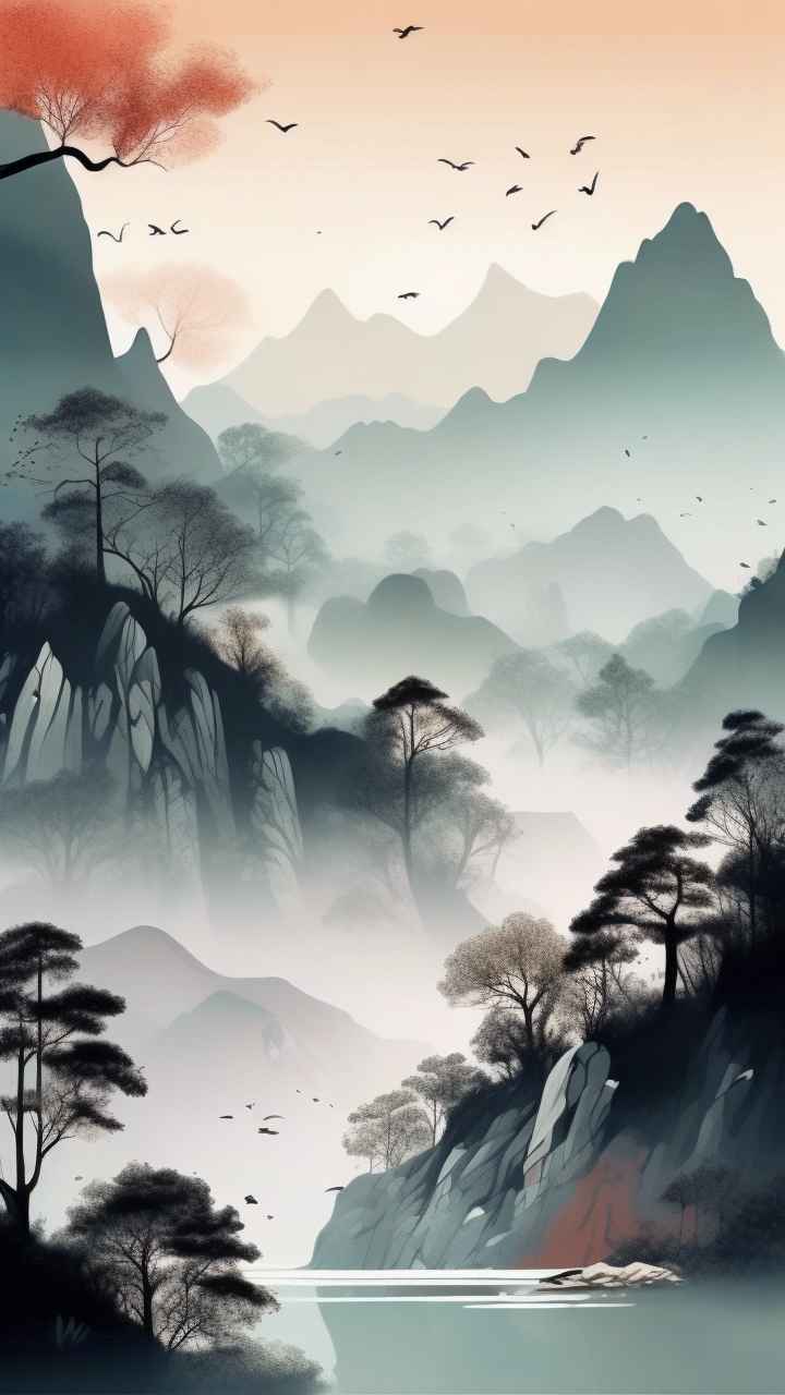 国风水彩画山水风景插画 40