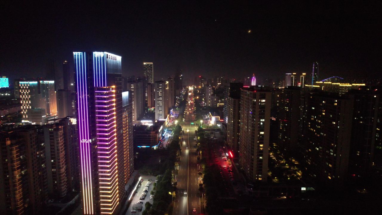 山东日照城市夜景灯光航拍  