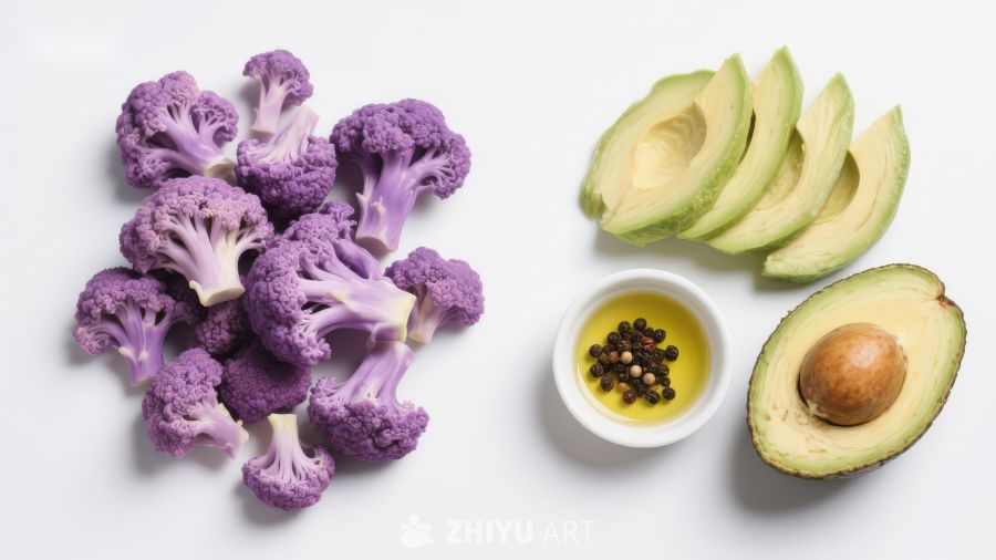 紫花椰菜与牛油果食材摆拍