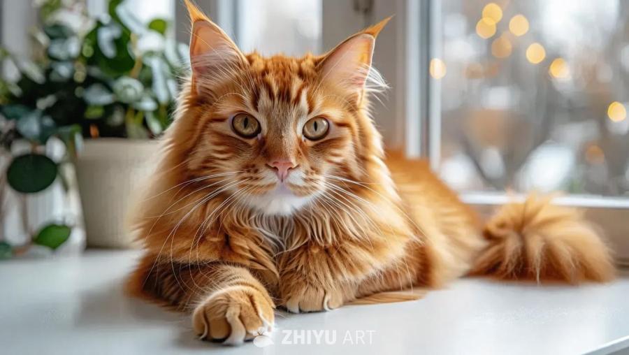 一只红毛猫正坐在一张白色桌子上，它鲜艳的毛皮与纯净