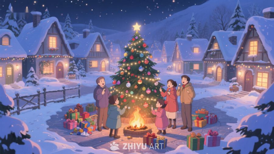 冬夜雪地里的圣诞树与欢聚 107