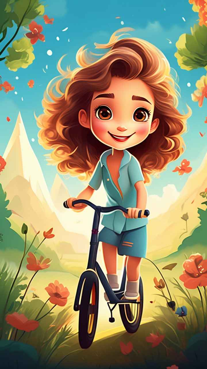 卡通可爱的女孩骑自行车梦幻般的意象 5