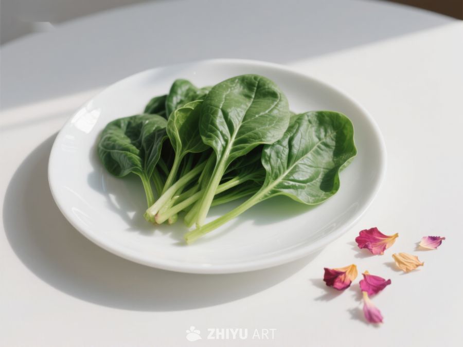新鲜菠菜置于白盘，旁饰花瓣 402