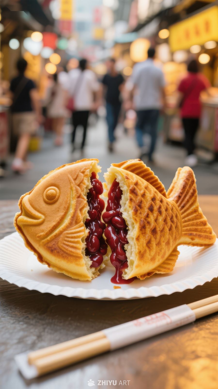 鱼形饼夹红豆馅，夜市美食特写