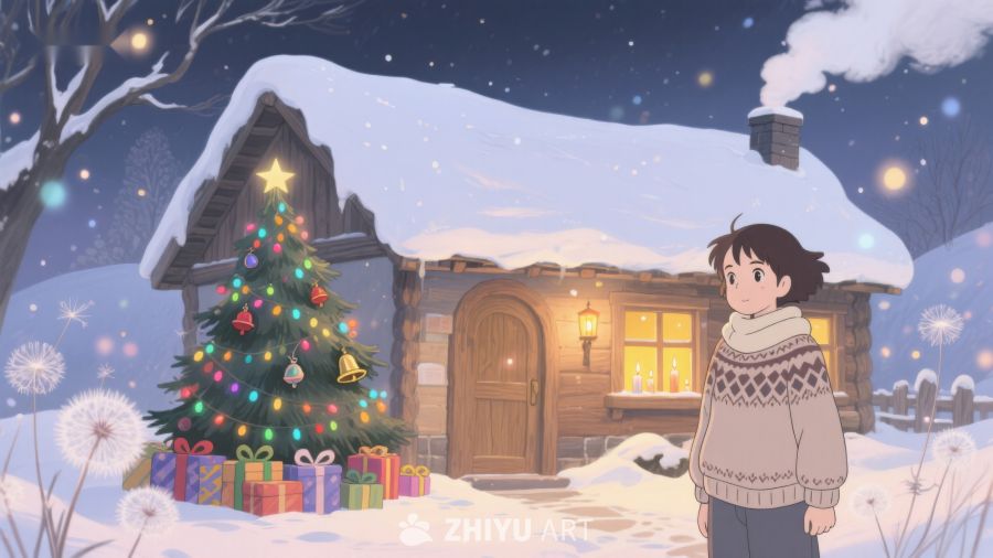 冬夜小屋前的圣诞树 94