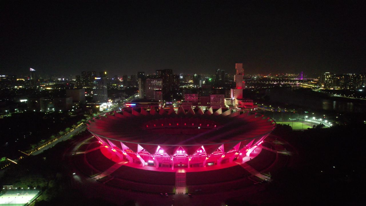 广东佛山世纪莲地标建筑夜景灯光航拍 