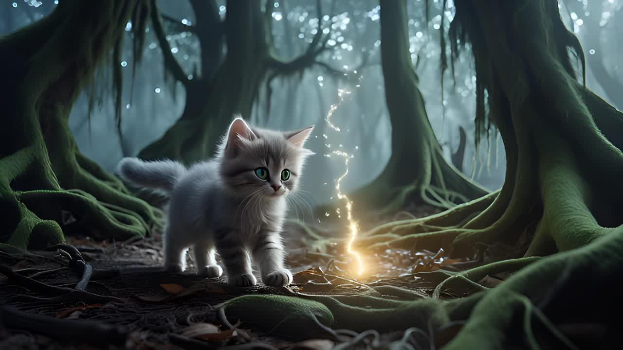 一只毛茸茸的白色小猫，毛尖呈灰色，站在郁郁葱葱的绿