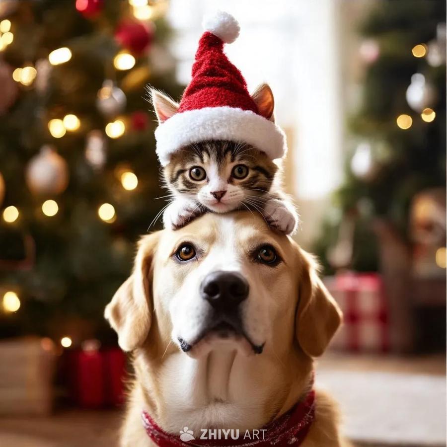 一只小猫戴着圣诞帽，坐在一条狗的头上。狗的脖子上系
