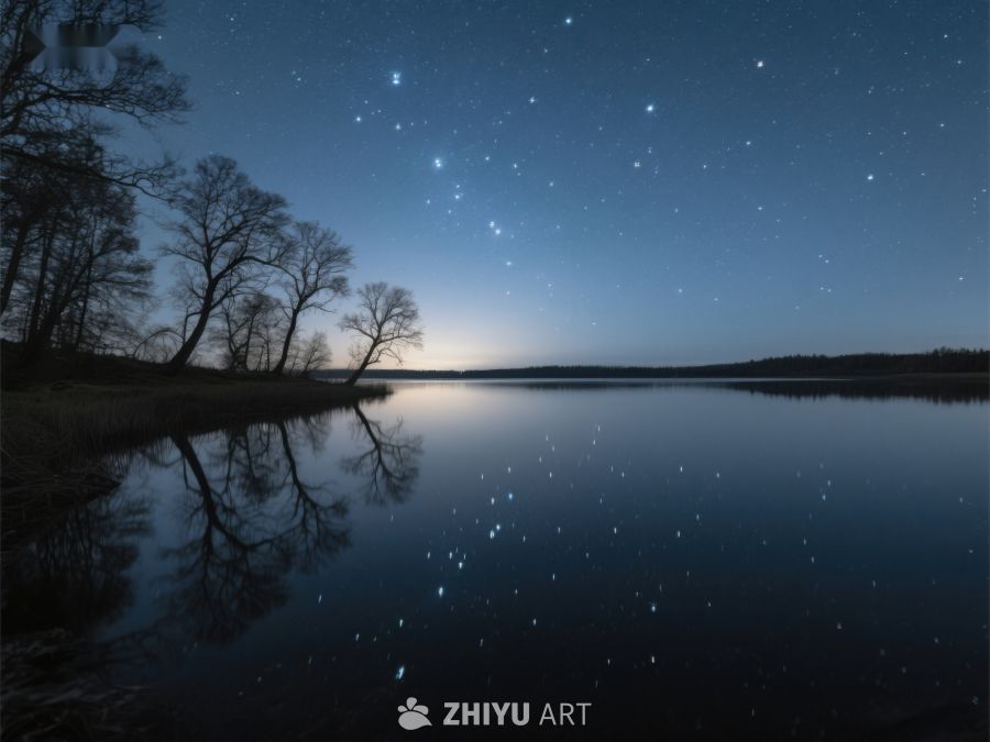 夜空星辰映湖面，静谧树影伴水光 409