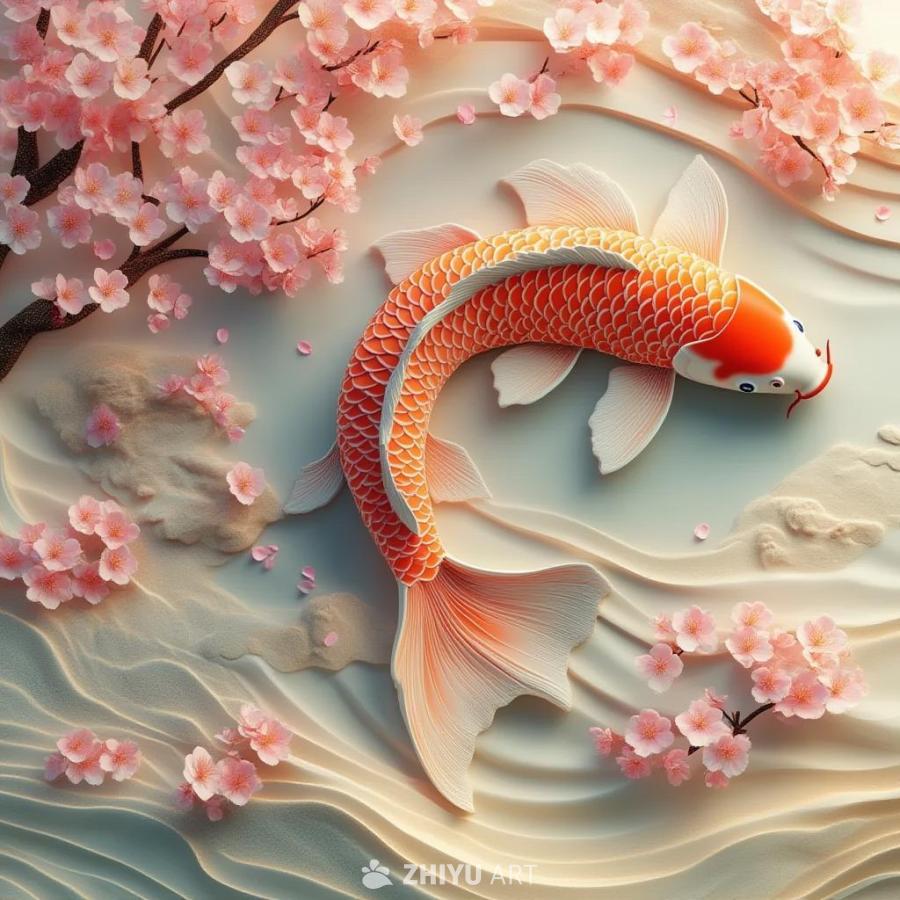 一条金色的鲤鱼在标志旗上，旗帜上点缀着樱花。画面呈